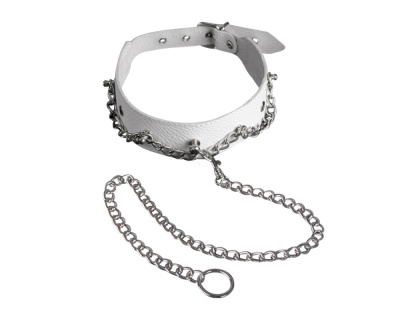 Белый кожаный ошейник с поводком (3117-3)